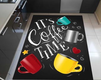 Vivid Color Printed Kitchen Rug • Machine Washable Non-Slip Kitchen Rug • Cups With Lettering Coffee Is My Best Friend • Gift For Kitchen