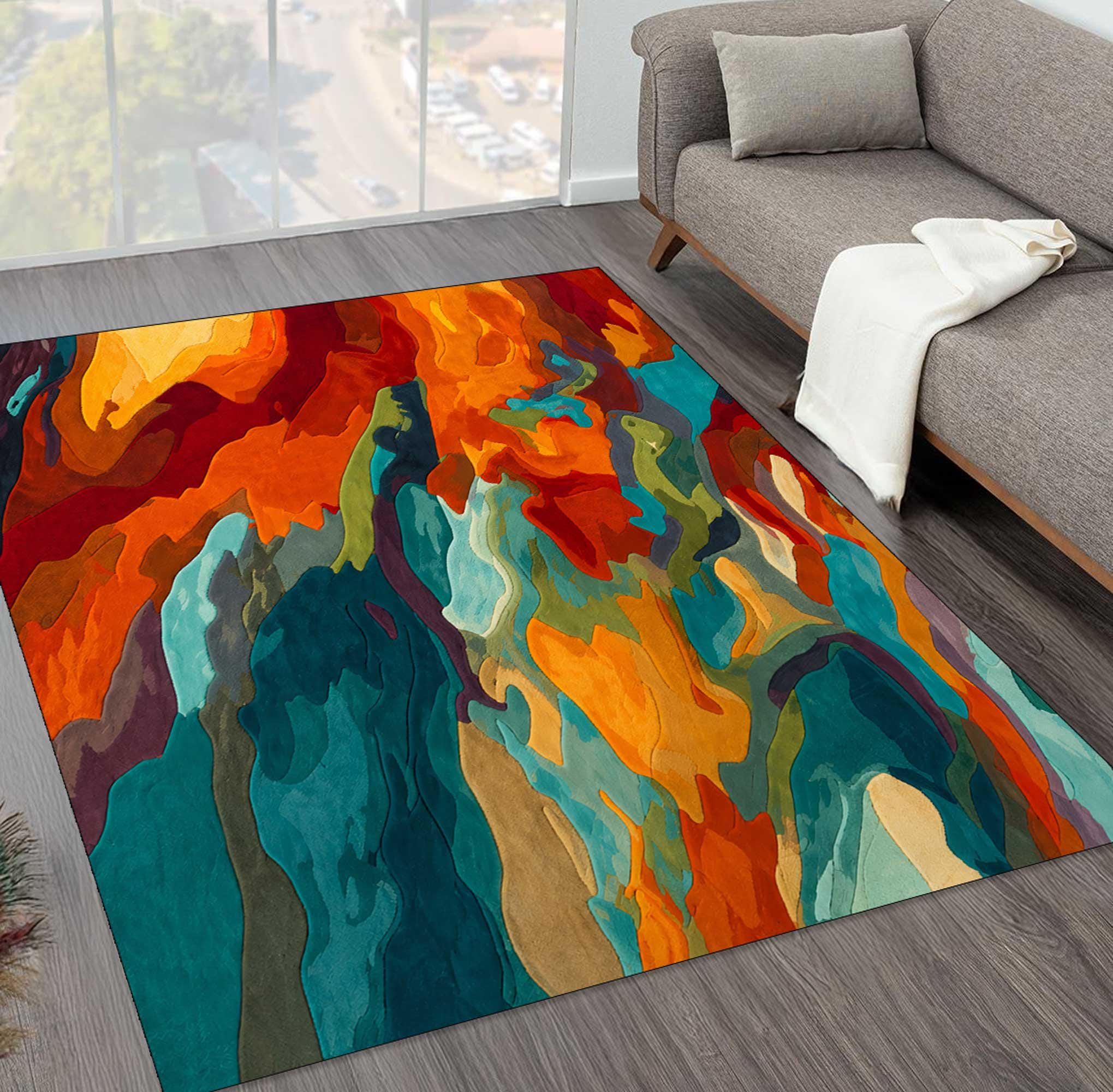 Colorful Multi Abstract Rug Abstract Colorful Rug, Modern Art Area Rug, Bold Orange Teal Carpet ...