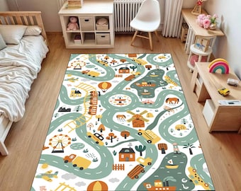 Kids Road Map Rug, Playroom Carpet, Baby Nursery Rug, Car Track Play Mat, Educational Kids Room Decor Rug,printed rug