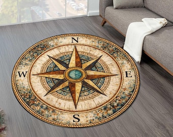 Compass Rose Round Area Rug, Nautical Vintage Compass Rug, Coastal Home Decor, Boho Living Room Rug, Non Slip Round Rug,printed rug