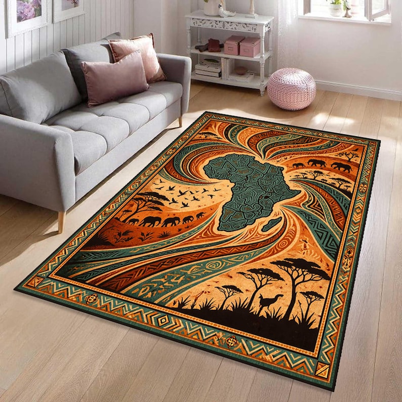 African Map Area Rug, Tribal Safari Wildlife Floor Mat, Ethnic ...