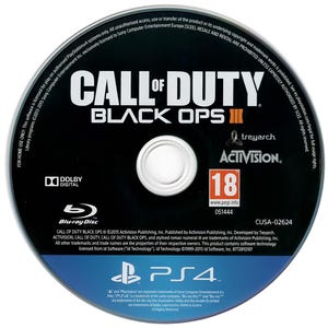May include: A circular Blu-ray disc for the PlayStation 4 console featuring the title Call of Duty Black Ops III. The disc is black with white text, the Treyarch and Activision logos, a PEGI 18 age rating, and the official PS4 branding.