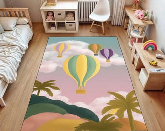 Hot Air Balloon Kids Rug, Nursery Balloon Rug, Baby Room Decor Rug, Pastel Sky Rug, Dreamy Kids Room Carpet,Digital Printed Rug,Playroom Rug