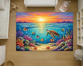 Ocean Kids Rug, Sea Turtle Nursery Rug, Underwater World Play Mat, Coral Reef Kids Carpet, Baby Room Decor, Coastal Kids Rug,printed rug