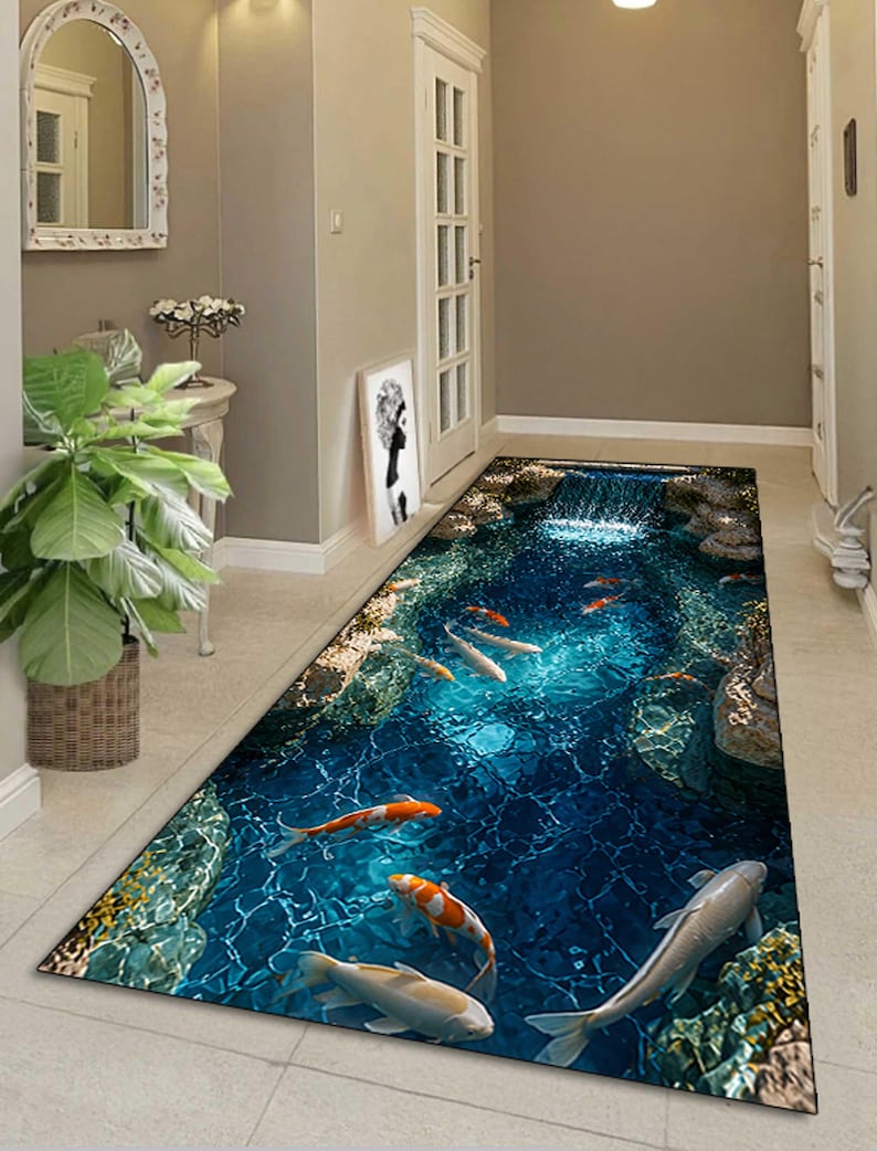 3D Waterfall Koi Fish Runner Rug, Optical Illusion Landscape,printed ...