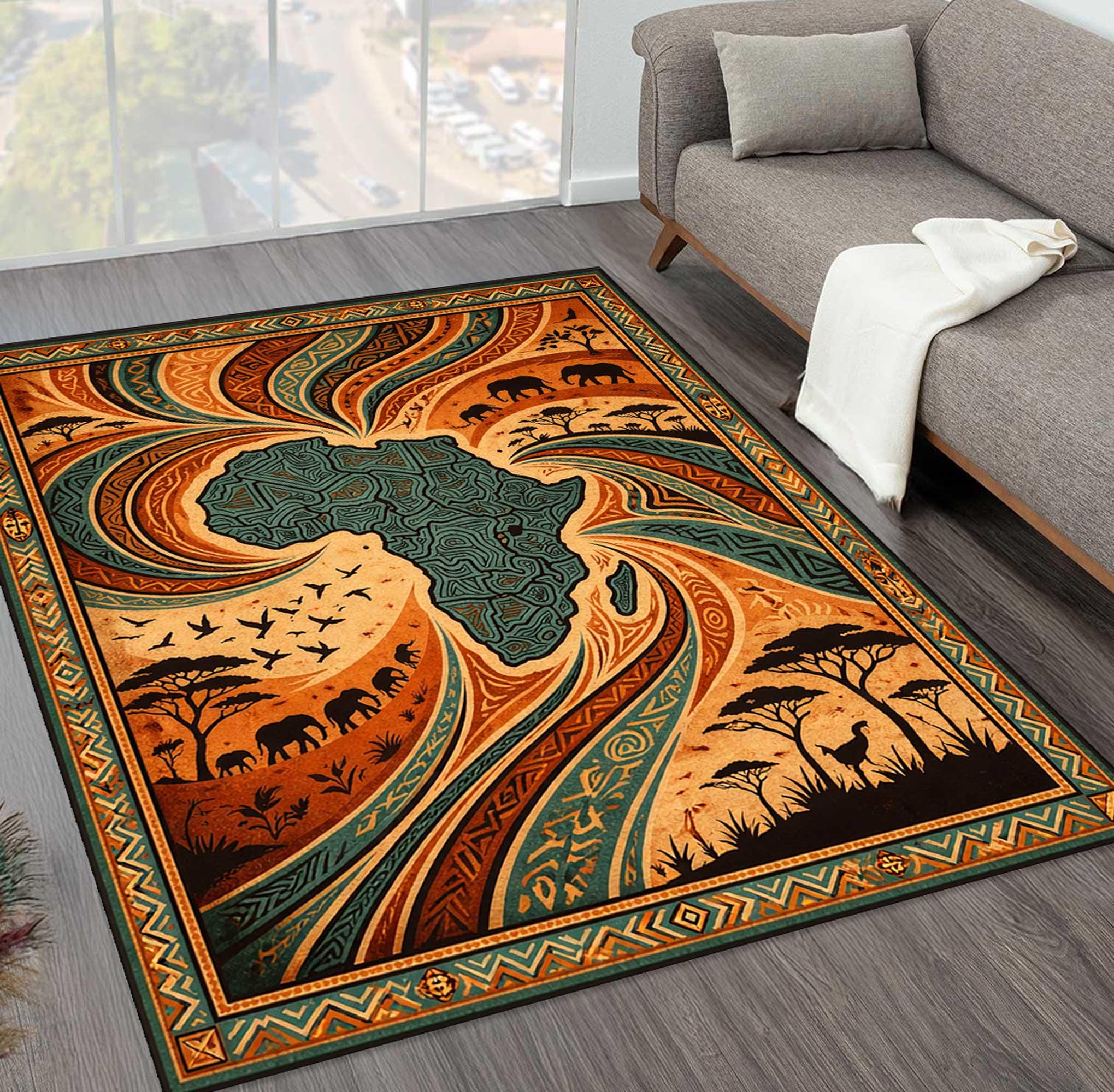 African Map Area Rug, Tribal Safari Wildlife Floor Mat, Ethnic ...