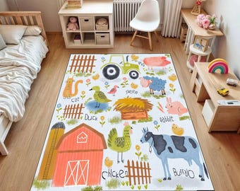 Farm Animals Kids Rug, Nursery Animal Rug, Educational Baby Room Rug,Cute Farm Theme Rug,Digital Printed Rug,Playroom Carpet,Kids Room Decor