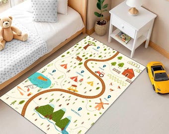 Kids Adventure Road Map Rug, Farm Forest Play Mat, Educational Nursery Carpet, Camping Lake Playroom Rug, Toddler Car Track Rug,printed rug