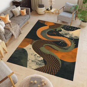 Snake Art Area Rug, Abstract Boho Style, Washable