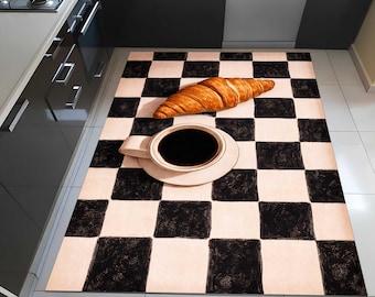 Checkerboard Coffee Rug Kitchen Rug Aesthetic Kitchen Decor Croissant Coffee Rug Modern Farmhouse Kitchen Carpet,printed rug