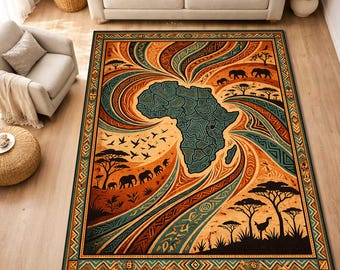 African Map Area Rug, Tribal Safari Wildlife Floor Mat, Ethnic Geometric Boho Decor, Elephant Savannah Nature Rug, Abstract African Art