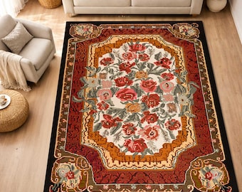Vintage Floral Area Rug,Classic Persian Style Rug,Antique Flower Carpet,Traditional Living Room Rug, Oriental Style Rug,Boho Vintage Rug,