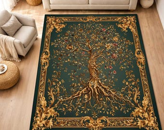 Tree of Life Area Rug, Mystical Botanical Carpet, Living Room Rug, Vintage Style Nature Decor, Sacred Tree Art, Washable Rug, Non Slip Rug