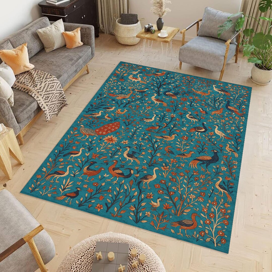 Vintage Bird Pattern Area Rug, Peacock Botanical Carpet, Cottagecore ...