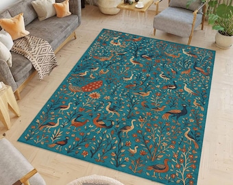Vintage Bird Pattern Area Rug, Peacock Botanical Carpet, Cottagecore Folk Art Living Room Decor Statement Rug,printed rug