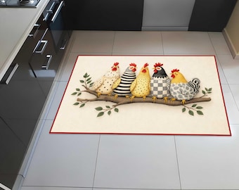Chicken Family Floor Rug  Kitsch Country Kitchen Mat  Funny Farm Rooster Print  Soft Washable Non Slip Mat  Cottagecore Decor,printed rug
