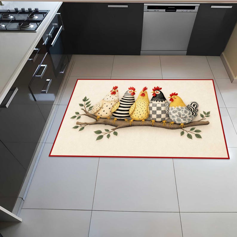 Chicken Family Floor Rug Kitsch Country Kitchen Mat Funny Farm Rooster ...