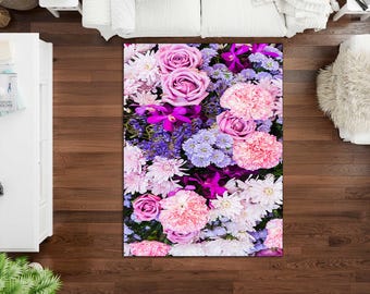 Floral Area Rug, Pink Flower Carpet, Romantic Rose Rug, Botanical Home Decor Rug, Bedroom Living Room Rug, Aesthetic Flower Rug,Printed Rug