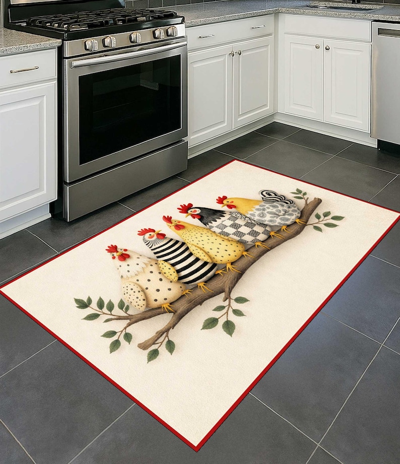Kitsch Rugs Chicken Family Floor Rug Kitsch Country Kitchen Mat Funny Farm Rooster ...