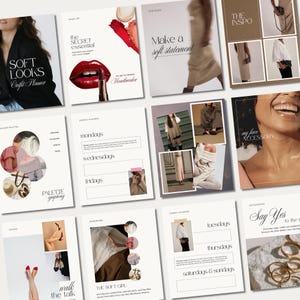 Può includere: Una raccolta di modelli digitali per pianificatori di moda con vari layout, inclusi pianificatori di outfit, tavolozze di colori, programmi settimanali e guide agli accessori, con sovrapposizioni di testo come Soft Looks, The Secret Essential e Palette Symphony.