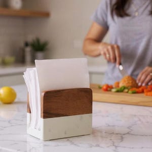 May include: A rectangular napkin holder with a white marble base and a dark wood top section. The holder contains a stack of white napkins. The background shows a person preparing food on a wooden chopping board.