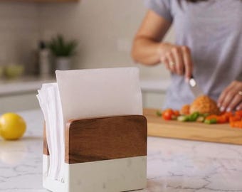 Marble & Wood Napkin Holder for Kitchen | Countertop Organizer | Housewarming Gift