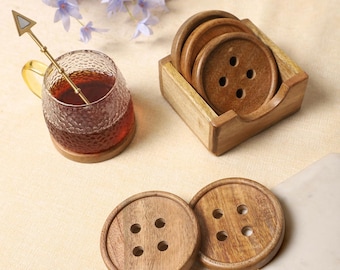 Acacia Wood Coaster Set Of 6 With Holder Rustic Drink Coasters Table Decor Drinkware