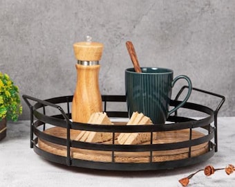 Acacia Wood Lazy Susan With Metal Rail Rotating Serving Tray Kitchen Turntable Farmhouse Accessory