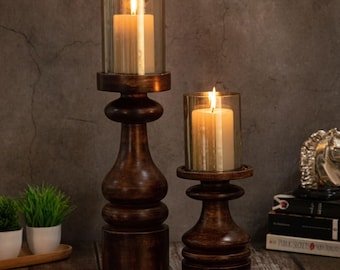 Mango Wood Hurricane Candle Holders Set of 2 with Glass Pillar Candle Stand centerpiece