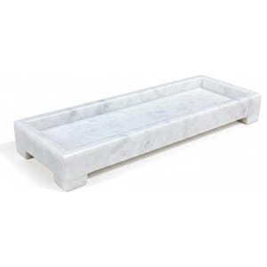 May include: A rectangular marble tray with a raised rim and short, block-style feet. The tray is white with subtle grey veining, showcasing the natural patterns of the stone. This decorative tray is suitable for various uses, such as a vanity or serving piece.