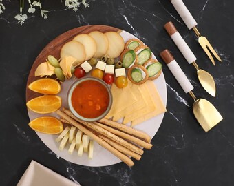 Marble Wood Charcuterie Board with Brass Inlay & Knives Set Housewarming Serving Platter Tray
