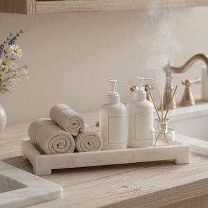 May include: A marble tray displays rolled beige towels, two white soap dispensers, and a glass diffuser with reeds. The bathroom setting features a neutral colour scheme, creating a spa-like ambience.