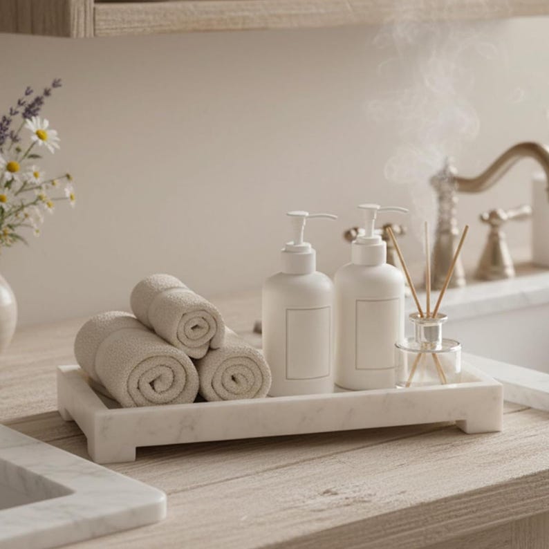 May include: A marble tray displays rolled beige towels, two white soap dispensers, and a glass diffuser with reeds. The bathroom setting features a neutral colour scheme, creating a spa-like ambience.
