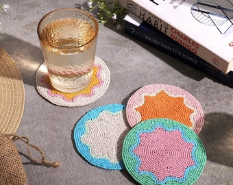 Round Beaded Coasters Set Of 4 Handmade Multicolor Tableware Accessories Housewarming Gift Home Decor