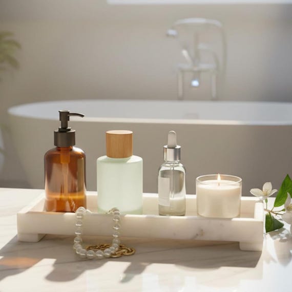 White Marble Vanity Tray For Bathroom | Counter Organizer | Housewarming Gift
