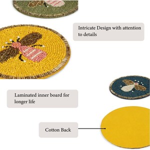 May include: Round beaded coasters with bee designs. The coasters feature a yellow background with a brown and pink bee, a green background with a bee, and a blue background with a bee. The text in the image says "Intricate Design with attention to details", "Laminated inner board for longer life", and "Cotton Back".