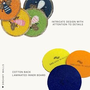 May include: Beaded coasters in yellow, orange, green, and navy blue, featuring bee designs. The coasters have a cotton back and laminated inner board. The text "Intricate design with attention to details" is visible.