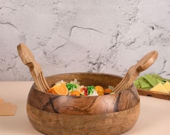 Mango Wood Salad Bowl with Serving Claws | 9.5 Inch Wooden Salad Server