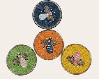 Handmade Beaded Coasters, Set of 4, Honey Bee Design