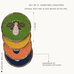 May include: Set of four beaded honeybee coasters. Each coaster is approximately 4 inches in diameter and features a unique design. The coasters are in shades of green, yellow, orange, and navy blue, with a detailed bee design on the green coaster.