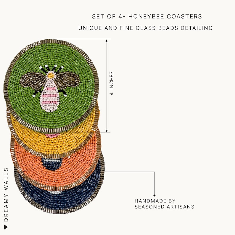 May include: Set of four beaded honeybee coasters. Each coaster is approximately 4 inches in diameter and features a unique design. The coasters are in shades of green, yellow, orange, and navy blue, with a detailed bee design on the green coaster.