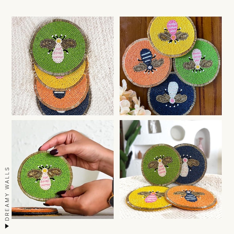 May include: Beaded coasters in various colors, including green, yellow, orange, and navy blue. Each coaster features a detailed bee design with a pink body and brown wings. The coasters are round and appear to be handmade.