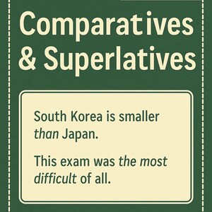 以下が含まれることがあります： 「比較と最上級」というタイトルが大きな白い文字で書かれた緑色の教育ポスター。ポスターには「15 QUESTIONS + ANSWER KEY」というテキストと、韓国と試験に関する2つの例文が含まれています。