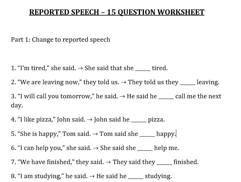 Reported Speech ESL Worksheet | 15 Grammar Questions | Printable PDF ...