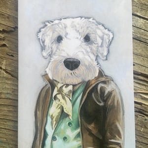 May include: A white dog wearing a brown leather jacket, a green waistcoat, and a yellow scarf. The dog is painted in a realistic style.