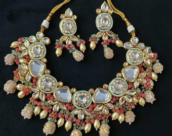 Elegant kundan choker set/Pastel Kundan choker/Designer Kundan Choker set/Pastel Color Kundan set/Simple Kundan set/Flower kundan set/ Pink