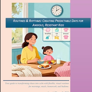May include: A book cover illustration features a mother and child at a table with breakfast. The title reads "Routines & Rhythms: Creating Predictable Days for Anxious, Resistant Kids." A clock and visual routine chart are in the background. The author's name is at the bottom.