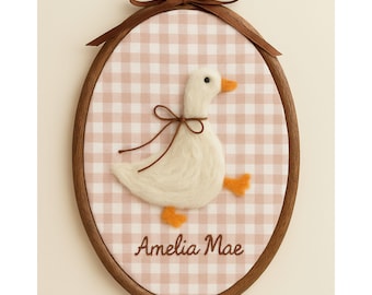 Needle-Felted Goose Nursery Wall Art - Handmade Needle Felt Embroidery Hoop - Baby Shower Gift - Farm Animal Baby Room Decor - Cottagecore