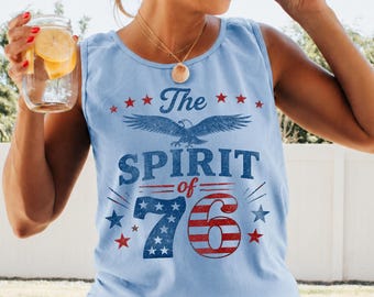 Tank Top Comfort Colors Vintage Spirit Of 76 250th Anniversary Tee, Patriotic American Flag Graphic Shirt, Freedom