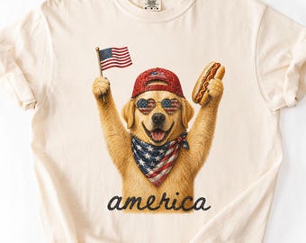 Comfort Colors Patriotic Golden Retriever Shirt, 4th of July Dog Tee, American Flag Hot Dog Shirt, Kids Unisex Retro USA Animal T-Shirt